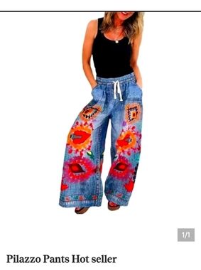 Hand-Painted Wide Leg Light Weight Palazzo Pants - Bright Floral Art